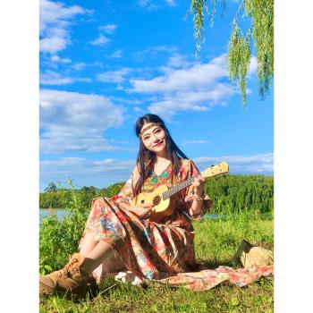 民族風刺繡收腰連衣裙 青海湖沙漠旅遊度假拍照A字裙西藏雲南長裙