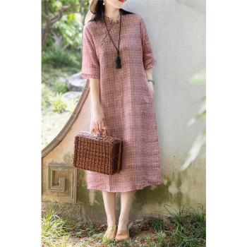 2023夏季新款復古薴麻中式改良旗袍女文藝氣質寬松休閑棉麻連衣裙