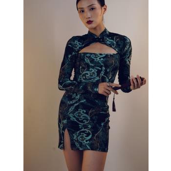 WYZ復古中國風小開叉吊帶裙旗袍
