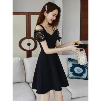 黑色禮服夏季修身吊帶裙子蕾絲