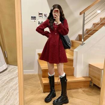 紅色春秋顯瘦復古閃閃禮服連衣裙