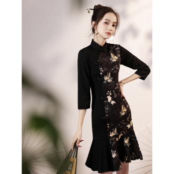 新式旗袍復古長袖改良連衣裙少女感年輕款日常可穿中國風魚尾春季