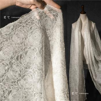 白立體玫瑰壓花褶皺天絲紗透視蕾絲雪紡婚紗禮服連衣裙設計師面料