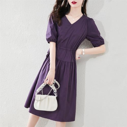 氣質v領紫色連衣裙別致顯瘦襯衫