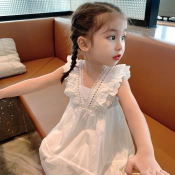 女童洋氣蕾絲夏季飛袖白色公主裙