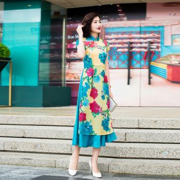 越南奧黛夏季復古修身中式旗袍裙