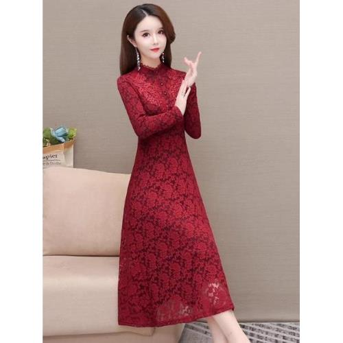 春秋新款今年流行大碼連衣裙中長款韓版顯瘦媽媽女裝洋氣紅色裙子