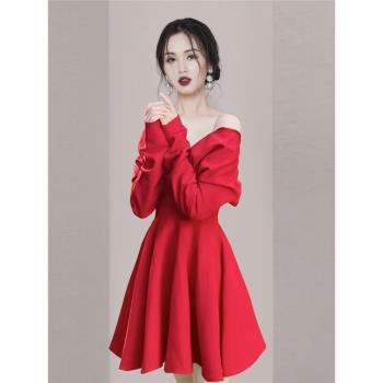 2025年春季新款長袖紅色吊帶連衣裙高階宴會訂婚禮服敬酒服伴娘服