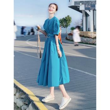 別致驚艷藍色連衣裙女夏2024新款法式復古高級感收腰顯瘦氣質長裙