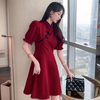 國風改良旗袍連衣裙女夏新款收腰顯瘦甜美氣質泡泡袖約會茶歇裙子