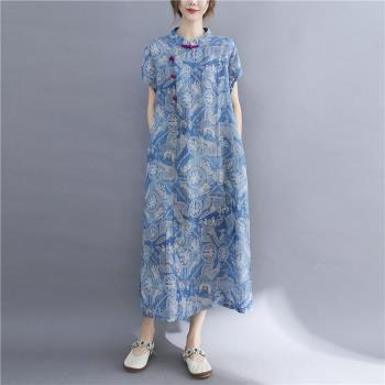 復古盤扣苧麻茶服中式立領旗袍裙