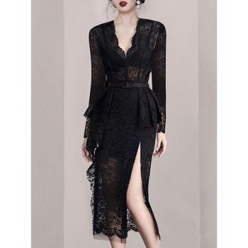 黑色禮服裙小眾時尚鏤空修身蕾絲