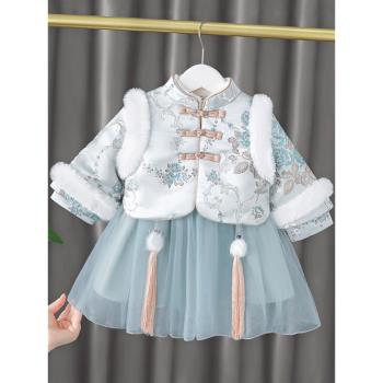 女童冬季加絨連衣裙復古兒童中國風漢服嬰兒唐裝一歲寶寶冬裝旗袍