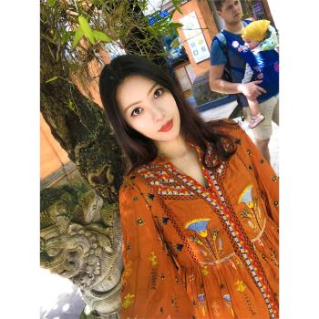 橘色復古喇叭袖泰國印花連衣裙