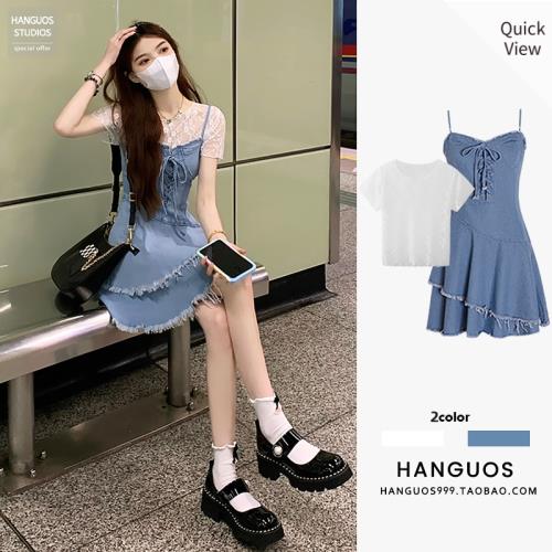 甜辣純欲風法式復古牛仔吊帶連衣裙女小個子設計高級感蛋糕短裙夏