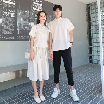 情侶裝夏季中國風唐裝短袖T恤復古民國盤扣上衣漢服裙子套裝班服