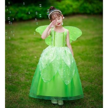 新款女童cos奇妙仙子小叮當仙女裙 綠色小精靈連衣裙帶翅膀表演服