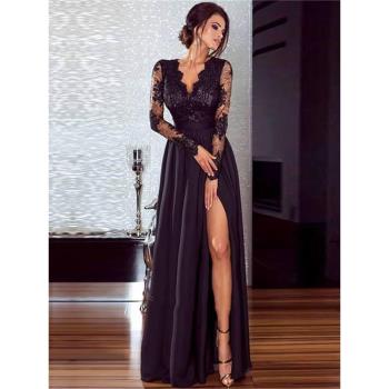 2019春季新品女裝歐洲站性感純色蕾絲晚禮服長袖連衣裙Sexy dress