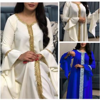 阿拉伯中東馬來迪拜荷葉袖刺繡金花邊禮服連衣裙Dubai long dress