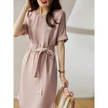 休閑粉色醋酸緞面系帶短袖連衣裙