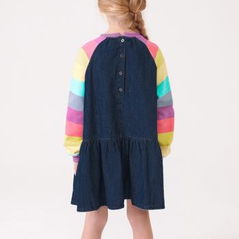 歐美女童時尚彩虹條紋長袖A字裙