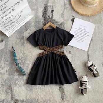 童裝夏季時尚黑色露腰短袖連衣裙