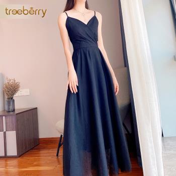 赫本風網紗吊帶v領禮服小黑裙