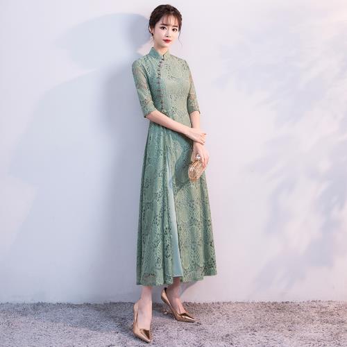 新式改良版奧黛旗袍裙女中袖年輕款少女蕾絲連衣裙長款日常中國風