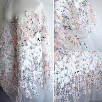 粉白色立體3D盤花刺繡歐根紗布料繡花蕾絲網布婚紗連衣裙服裝面料