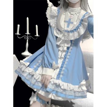 哥特修女風lolita藍白連衣裙洋裝洛麗塔可愛設計感日常重工公主裙