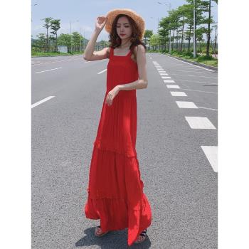 超仙紅色夏季顯瘦民族風吊帶裙