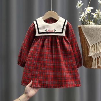 女童春裝連衣裙2022新款童裝裙子小童寶寶洋氣復古長袖格子公主裙