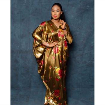 防真絲印花大擺型長袍2020 African Women Print Robe Slik Dress