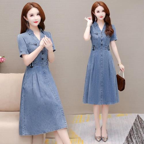 水洗牛仔連衣裙女中長款通勤2025夏季新款時尚顯瘦遮肚子休閑裙子