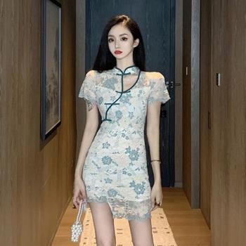 旗袍日常可穿2023年輕款蕾絲中國風復古改良版氣質修身短款連衣裙