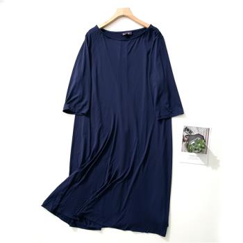 E64-3春夏季新品女寬松大碼藏青色長裙針織彈力垂感五分袖連衣裙