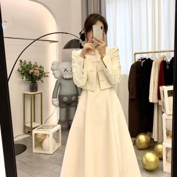 秋冬白色長袖連衣裙法式高級設計感新中式改良旗袍外套女兩件套裝