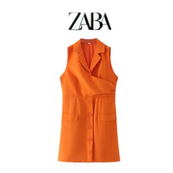 歐美風 2022春夏新款時尚女裝無袖單排扣純色荷葉邊西裝連衣裙