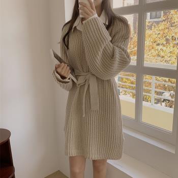 韓國ins秋冬小個子純色打底襯衫連衣裙+系帶收腰中長款粗針毛衣裙