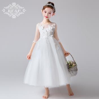 蓬蓬公主女童白色蕾絲表演禮服裙