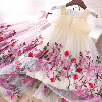 女童公主夏季彩色花朵珍珠紗裙
