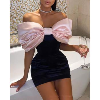 一字肩蝴蝶結緊身連衣裙生日派對小禮服Birthday party dress