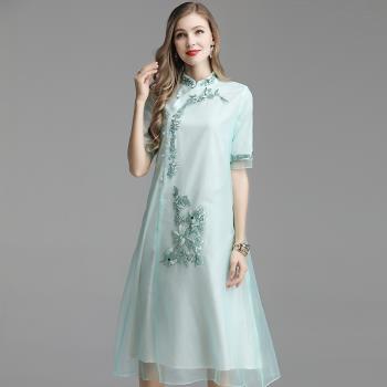 歐根紗復古刺繡中國風女裝旗袍
