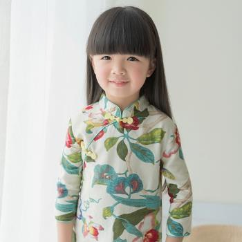 七分袖花鳥棉麻中式復古兒童旗袍