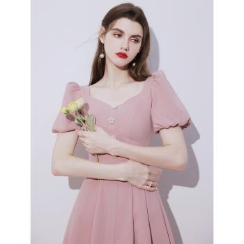 粉色伴娘服輕日常洋裝法式小晚禮服裙女回門訂婚連衣裙平時可穿夏