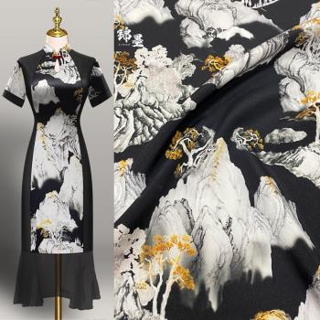 重縐重磅黑白藝術繪畫柔軟印染真絲桑蠶絲連衣裙襯衫傳統手工布料