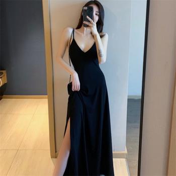 露背修身禮服性感開叉春夏小黑裙