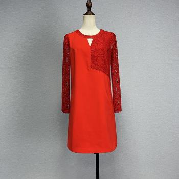 大紅色蕾絲袖修身顯瘦百搭連衣裙