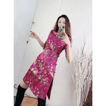 旗袍刺繡玫紅色亮絲提花復古中國風修身小個子春秋國潮名媛氣質女
