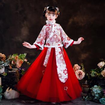 兒童漢服拜年冬季加絨加厚中國風朗誦小女孩唐裝演出服古風連衣裙